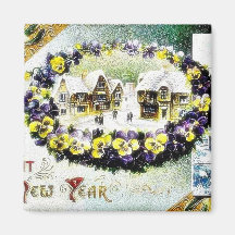 New Year greeting with a village and a flower garl Fridge Magnets