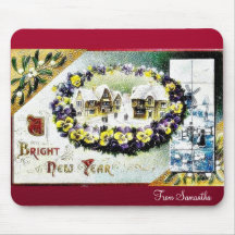New Year greeting with a village and a flower garl Mouse Pad