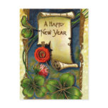New Year With Pink Flower postcards