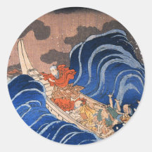 Nichiren calms a storm in Kakuda, Kuniyoshi Round Sticker