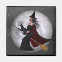Night Ride :: Witch & Her Cat Riding in the Night Magnets