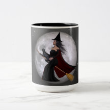 Night Ride :: Witch & Her Cat Riding in the Night Coffee Mugs