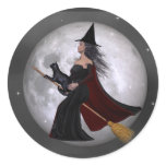 Night Ride :: Witch & Her Cat Riding in the Night Stickers