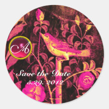 NIGHTINGALE WITH ROSES MONOGRAM Pink Yellow Black Round Stickers