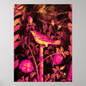 NIGHTINGALE WITH ROSES, Pink Fuchsia Black Yellow posters