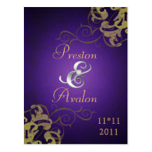 Noble Gold Scroll Purple Save The Date Postcard