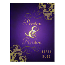 Noble Gold Scroll Purple Save The Date Postcard