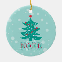 Noel with christmas tree round ceramic ornament