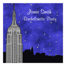 NYC ESB Skyline Silhouette Blu Starry Bachelorette Custom Announcements