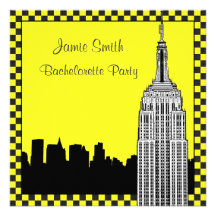 NYC Skyline2 Etched ESB Checkrd Taxi Bachelorette Personalized Announcements