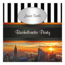 NYC Skyline at Sunset, BW Stripe Bachelorette Pty Invitation