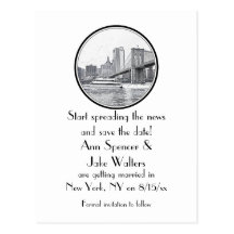 NYC Skyline Bklyn Br Round Etched 01 Save the Date Post Card
