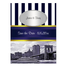 NYC Skyline Brooklyn Bridge Blue Wht P Save Date Post Card