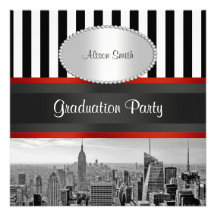 NYC Skyline Bw Black Wht Stripe P Graduation Party Personalised Announcements