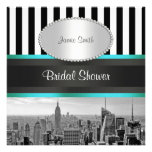 NYC Skyline BW Blk Wht Strp Teal P Bridal Shower Invitation