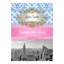 NYC Skyline BW D42 Damask  Bachelorette Party V Personalized Invitation