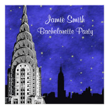 NYC Skyline Silhouette Blue Starry 2 Bachelorette Personalized Invite