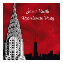 NYC Skyline Silhouette Red Starry Bachelorette Personalized Invitation