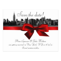 NYC Wide Skyline Etched BW Dark Red Save the Date Postcards