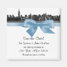 NYC Wide Skyline Etched BW Lt Blue Save the Date Magnets