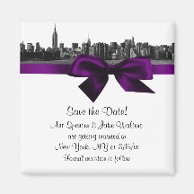 NYC Wide Skyline Etched BW Purple Save the Date Fridge Magnet