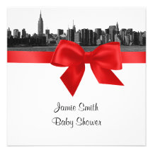 NYC Wide Skyline Etched BW Red Baby Shower SQ Personalised Announcements