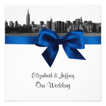 NYC Wide Skyline Etched BW Royal Blue Wedding SQ Personalized Announcements
