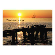 ocean at sunset with seagulls rehearsal dinner invitations