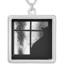 October Showers Black Cat Silhouette At Window BW Necklaces