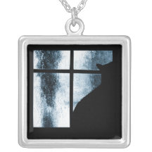 October Showers Black Cat Window Silhouette Blue Custom Necklace