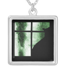 October Showers Black Cat Window Silhouette Green Personalised Necklace
