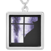October Showers Black Cat Window Silhouette Indigo Necklaces