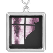 October Showers Black Cat Window Silhouette Pink Pendant