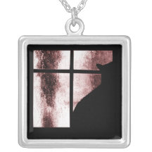 October Showers Black Cat Window Silhouette Red Personalized Necklace