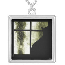 October Showers Black Cat Window Silhouette Yellow Personalized Necklace