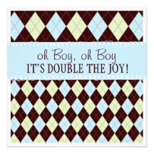 Oh Boy It's Twins Argyle Baby Boys Twin Shower Personalized Announcements