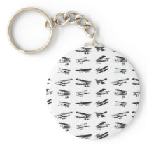 Old aeroplanes in black and white, vintage aircraf keychain