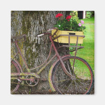 Old Antique Bicycle with Flower Basket Fridge Magnets