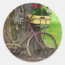 Old Antique Bicycle with Flower Basket Round Stickers