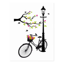 Old bicycle with lamp, flower basket, birds, tree postcards
