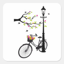 Old bicycle with lamp, flower basket, birds, tree square stickers