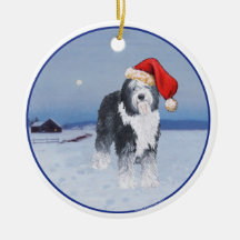 Old English Sheepdog Santa Hat Christmas Tree Ornaments