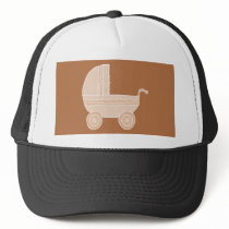 Old Fashioned Beige Baby Stroller on Brown. Hat