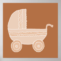 Old Fashioned Beige Baby Stroller on Brown. Posters