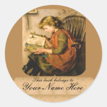 Old Fashioned Girl Reading Round Stickers