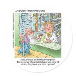 Old Man & The Pharmacy Funny Offbeat Cartoon Gifts Round Sticker