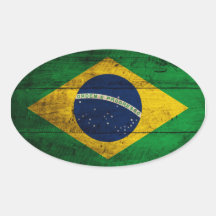 Old Wooden Brazil Flag Oval Sticker