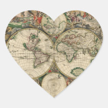 Old world map heart sticker