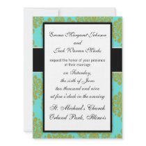 olive green and aqua blue fleur damask personalized invitation