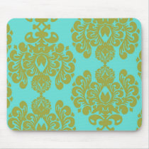 olive green and aqua blue fleur damask